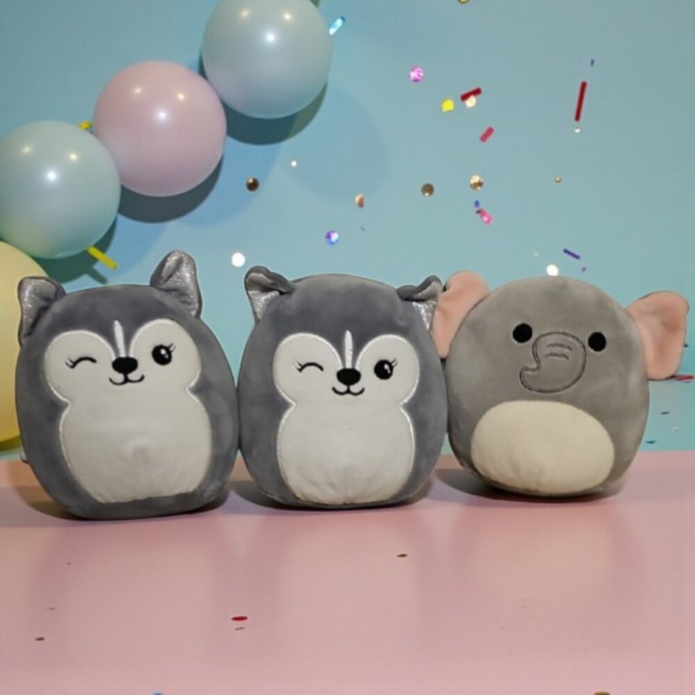 Squishmallows Gray and Pink Plush Toy Trio 2 husky dogs Heidi & 1 Elephant Mila